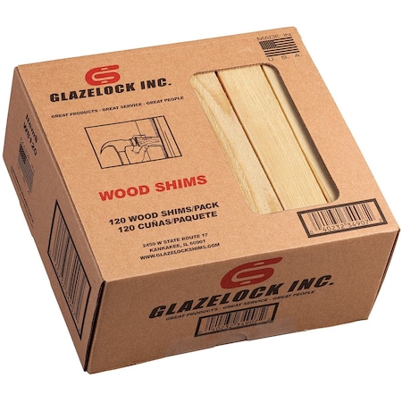 GLAZELOCK 8" x 1-1/4" x 3/8" Natural Pine Wood Shims 120pk Retail Box WS03